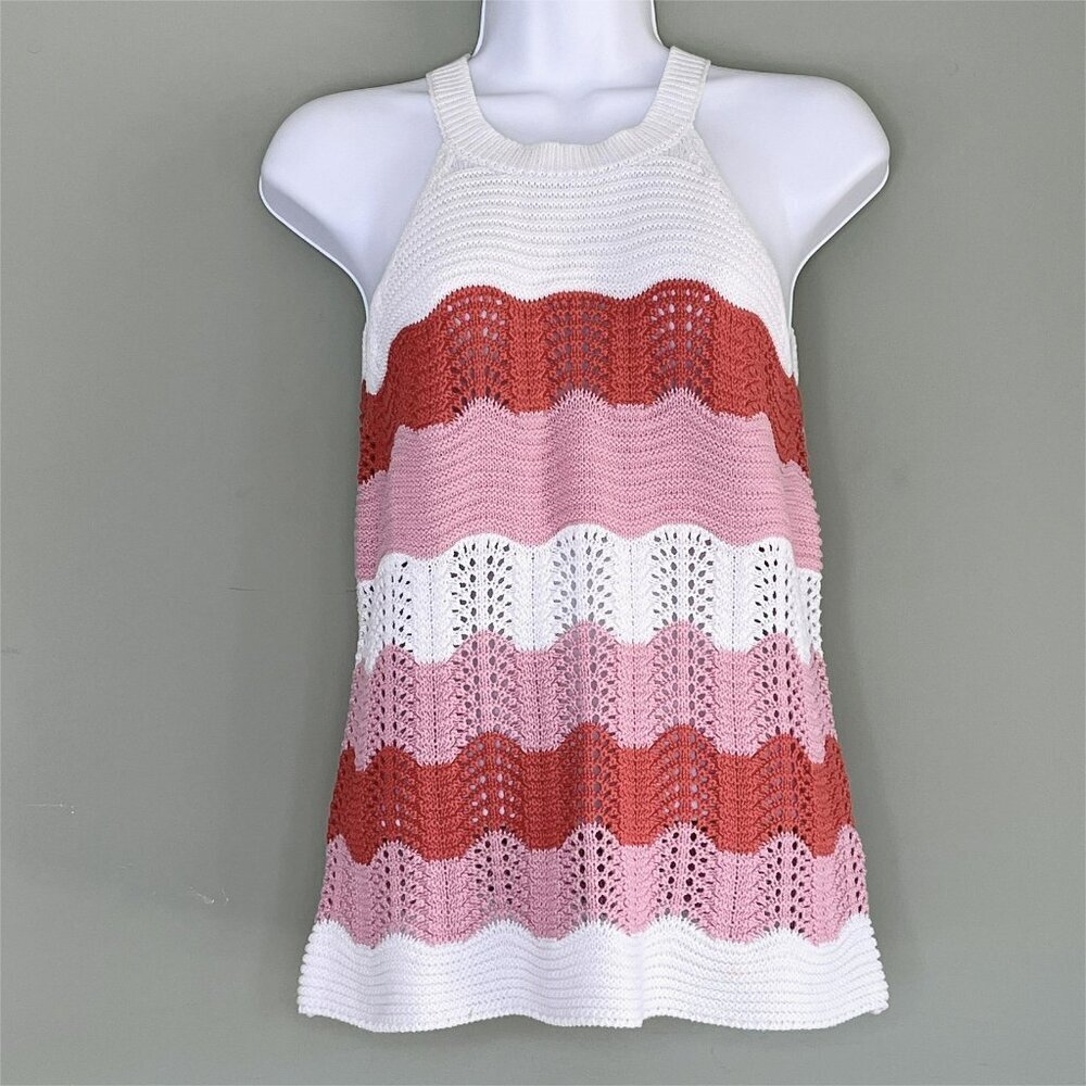 Womens Pointelle Knit Boho Tank Top size S Chevron Stripes Orange Pink White